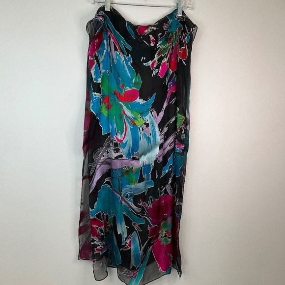 CYNTHIA ROWLEY Silk Scarf Black Chiffon Turquoise Pink Blue Design, sz 20"x74" - Picture 4 of 9